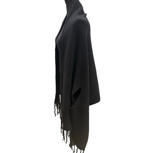 Nature EUC Black Ribbed Knit Fringe Poncho Wrap Arm Holes 70" - Picture 4 of 9